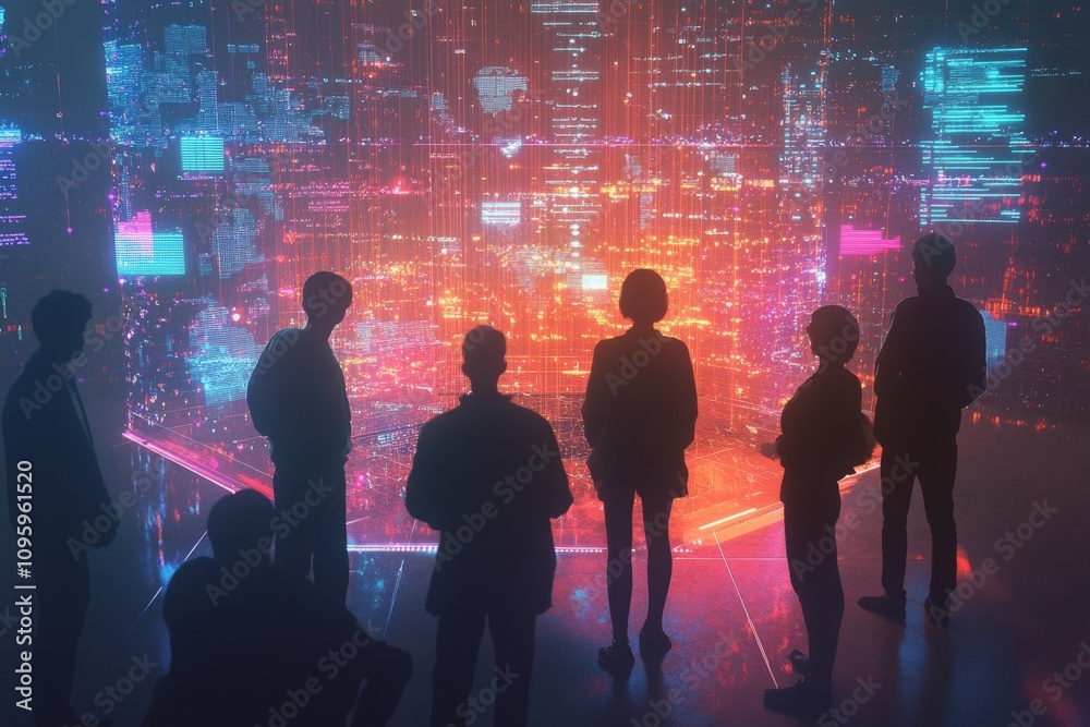 A team of tech developers gathered around a glowing holographic screen, with floating data points and digital graphs, symbolizing innovation and the impact of data analytics on company growth A team of tech developers gathered around a glowing holographic screen, with floating data points and digital graphs, symbolizing innovation and the impact of data analytics on company growth