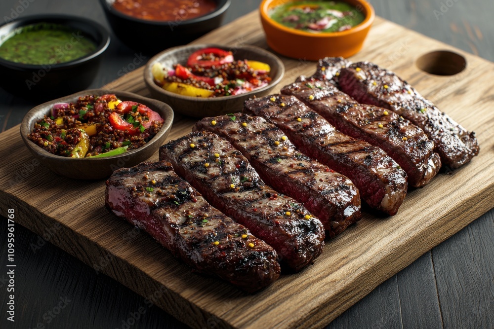 Grilled steak strips presented on a wooden platter with vibrant sauces and fresh vegetables. Grilled steak strips presented on a wooden platter with vibrant sauces and fresh vegetables.