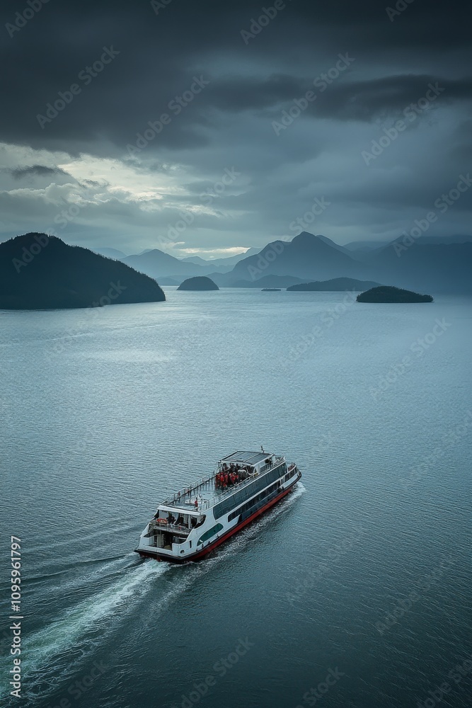 Serene cruise ship sailing through tranquil waters, surrounded by majestic mountains under a dramatic sky. A breathtaking view of nature's beauty and calm. Serene cruise ship sailing through tranquil waters, surrounded by majestic mountains under a dramatic sky. A breathtaking view of nature's beauty and calm.