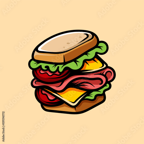 sandwich colored isolated drawing line art style sketch classic vintage design illustration