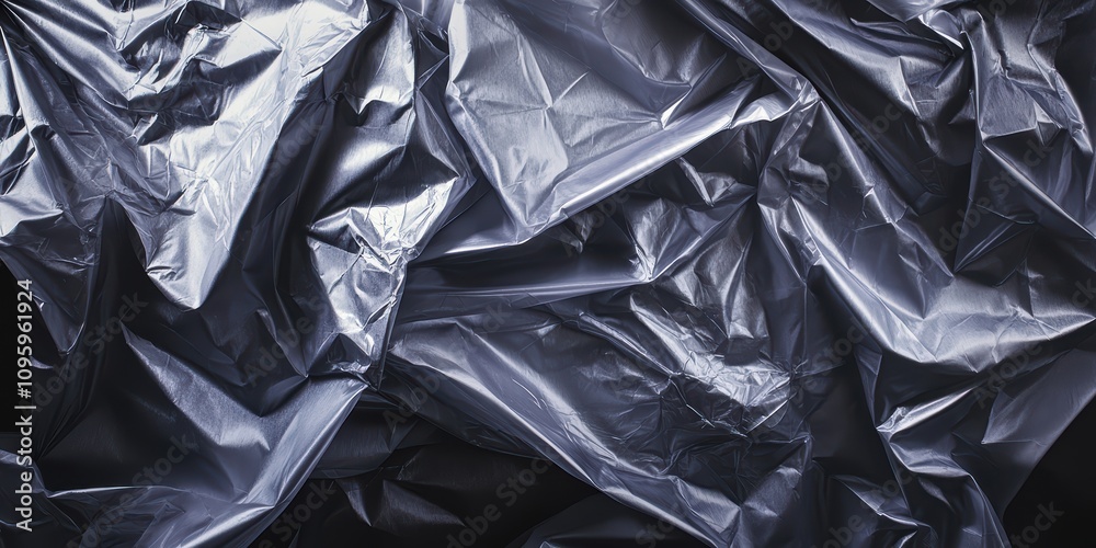 Crumpled Metallic Plastic Texture Creating Abstract Patterns and Shadows, Ideal for Creative Backgrounds and Artistic Projects