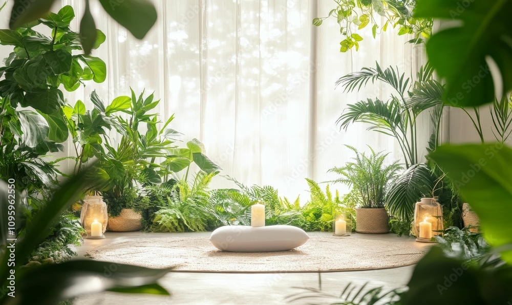 Serene room, plants, candles, meditation pillow. Serene room, plants, candles, meditation pillow.