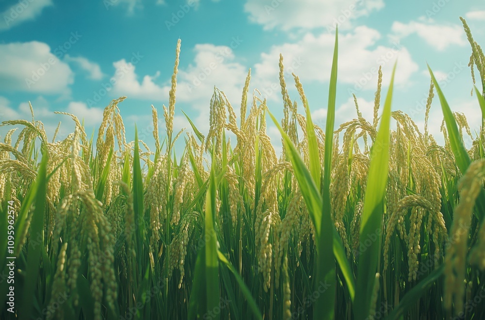 Lush Green Rice Field Under Blue Sky with Fluffy White Clouds, Showing Ripening Crops and Natural Serenity of Agricultural Landscape Lush Green Rice Field Under Blue Sky with Fluffy White Clouds, Showing Ripening Crops and Natural Serenity of Agricultural Landscape
