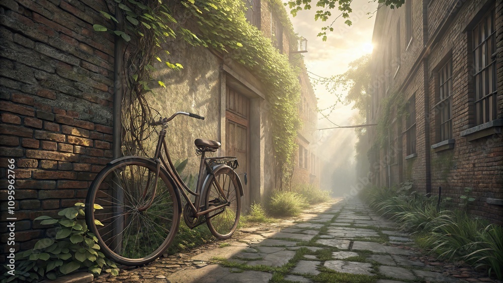 • Worn bicycle against aged brick, soft sunbeams highlight gentle decay in a peaceful city alleyway, a realistic photo image. • Worn bicycle against aged brick, soft sunbeams highlight gentle decay in a peaceful city alleyway, a realistic photo image.