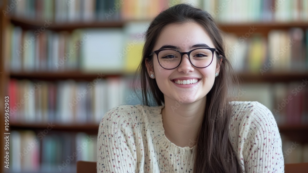 Portrait of a smiling young woman with eyeglasses in library - Generated AI