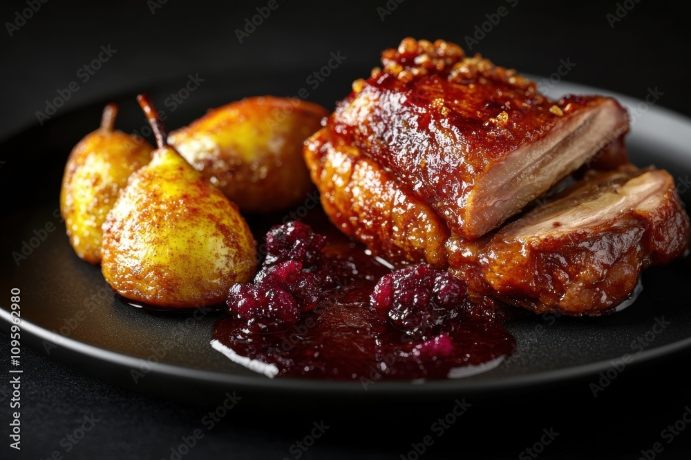 A delicious dish of crispy roasted duck served with caramelized pears and a rich berry sauce on a sleek black plate. A delicious dish of crispy roasted duck served with caramelized pears and a rich berry sauce on a sleek black plate.