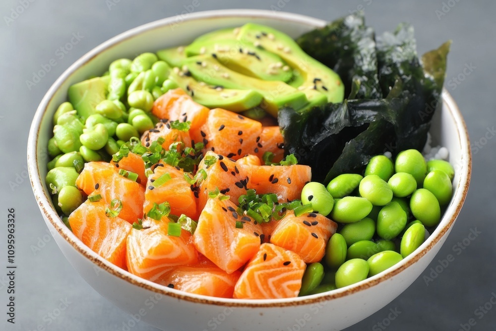 Colorful bowl of sushi rice topped with fresh salmon, avocado, edamame, and seaweed. Colorful bowl of sushi rice topped with fresh salmon, avocado, edamame, and seaweed.