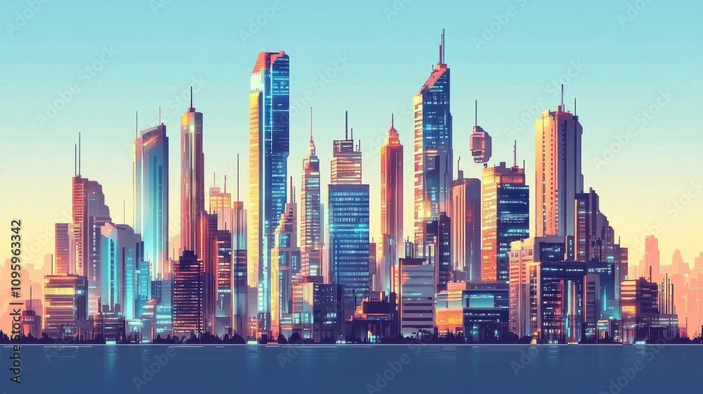 Fototapeta premium Retro pixel art futuristic cityscape with old and modern buildings