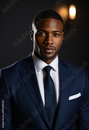 Handsome black man wearing suit black businessman portrait Ultra realistic Photorealistic hyperdetailed photography soft light head and shoulders portrait cover