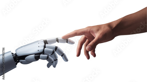 Human hand and robotic hand reaching out, isolated on transparent background. symbolic connection between technology and humanity PNG