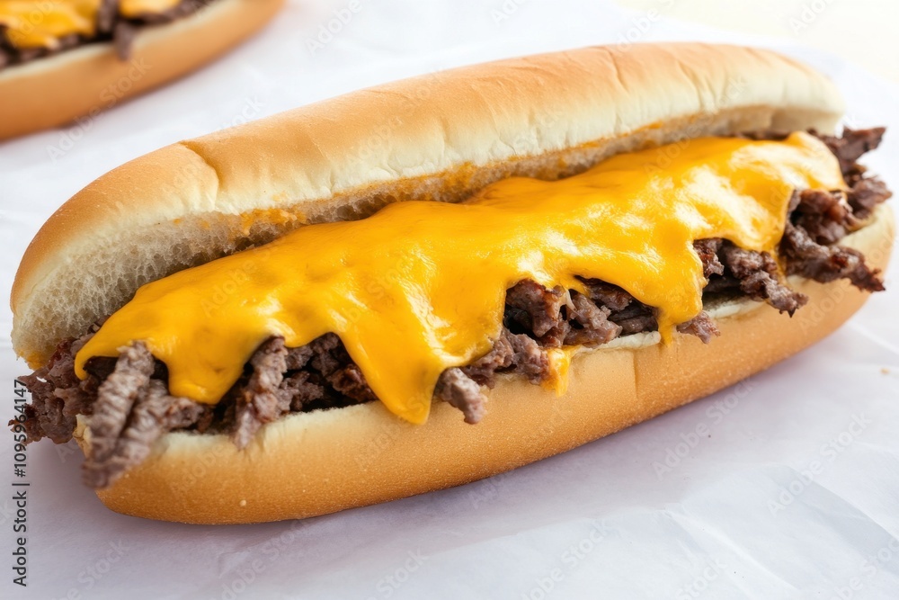 A delicious cheesy beef sandwich featuring tender, shredded beef smothered in melted cheddar cheese in a soft bun.