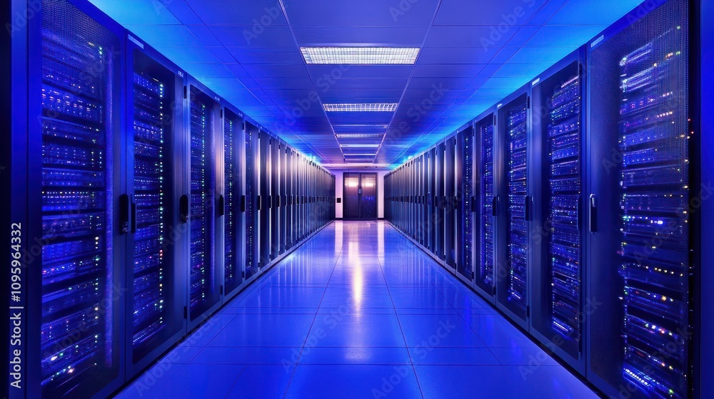 Server Room Corridor. Blue Lights, Data Center, Network Infrastructure, Digital Technology, Server Racks, Data Storage, Cybersecurity Server Room Corridor. Blue Lights, Data Center, Network Infrastructure, Digital Technology, Server Racks, Data Storage, Cybersecurity