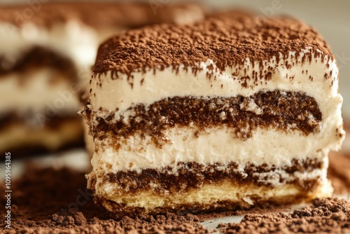 Close-up of a delicious, layered tiramisu dessert topped with cocoa powder, showcasing its creamy texture and coffee flavor. photo