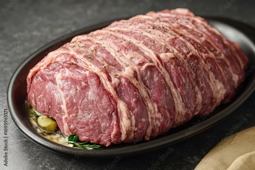 Close-up of a raw beef roast on a dark platter, showcasing marbling and seasoning for an appetizing presentation. Close-up of a raw beef roast on a dark platter, showcasing marbling and seasoning for an appetizing presentation.