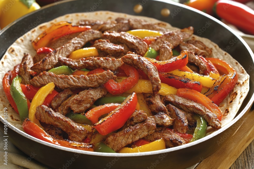 A colorful platter of sizzling beef fajitas with vibrant bell peppers, served in a skillet. A colorful platter of sizzling beef fajitas with vibrant bell peppers, served in a skillet.