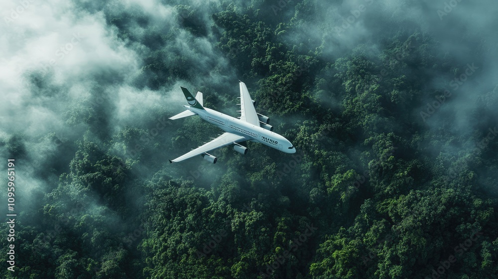A white airplane gliding over a misty rainforest, with biofuel engines in focus, emphasizing the eco-friendly approach to modern aviation above nature untouched beauty A white airplane gliding over a misty rainforest, with biofuel engines in focus, emphasizing the eco-friendly approach to modern aviation above nature untouched beauty