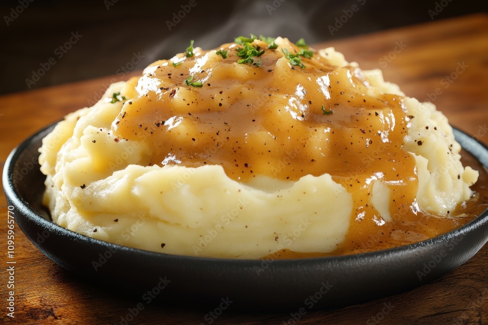 Delicious creamy mashed potatoes topped with savory gravy and herbs, perfect comfort food on a wooden table. Delicious creamy mashed potatoes topped with savory gravy and herbs, perfect comfort food on a wooden table.