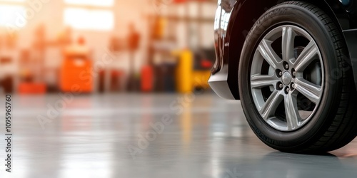 Close up of a Silver Alloy Wheel on a Black Car in a Garage