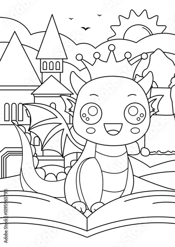 Coloring book for children with a cute dinosaur in front of the castle