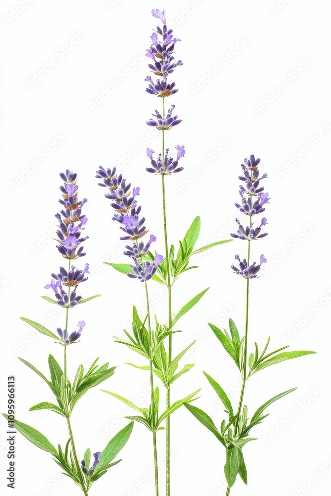 Fototapeta premium Three lavender sprigs, purple flowers, green leaves.