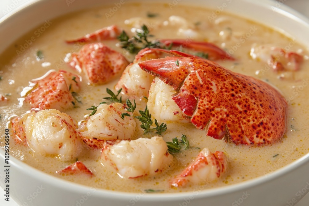 Creamy lobster bisque with chunks of lobster and thyme, served in a white bowl for a luxurious dining experience. Creamy lobster bisque with chunks of lobster and thyme, served in a white bowl for a luxurious dining experience.