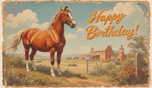 Retro birthday card with horse and farm scene.