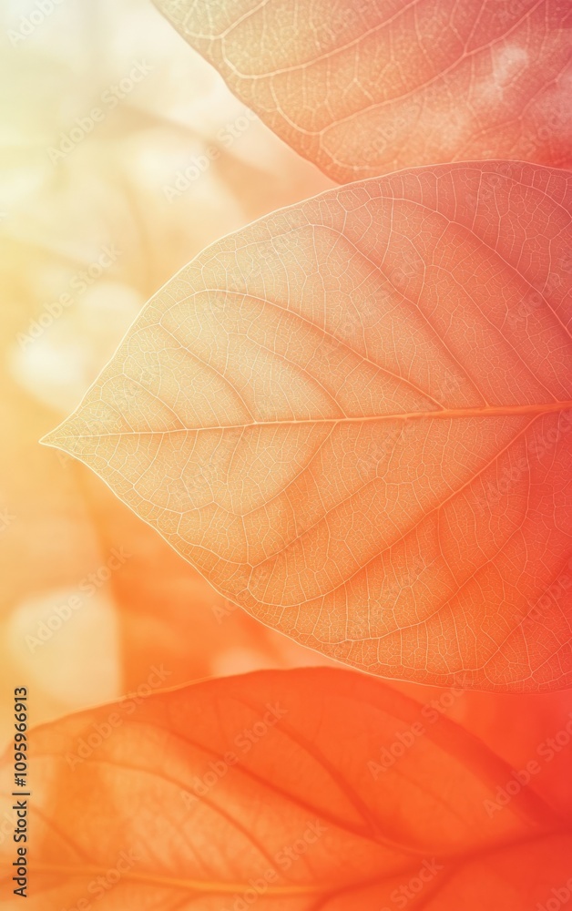 Fototapeta premium Close-up of translucent leaves, showcasing intricate vein patterns bathed in warm, autumnal light. Perfect for nature, beauty, or wellness themes.