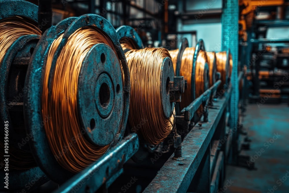 Obraz premium Copper wire cable production in coils, metal steel industrial plant