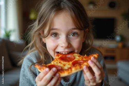 おいしそうにpizzaを食べている女の子のAI生成画像