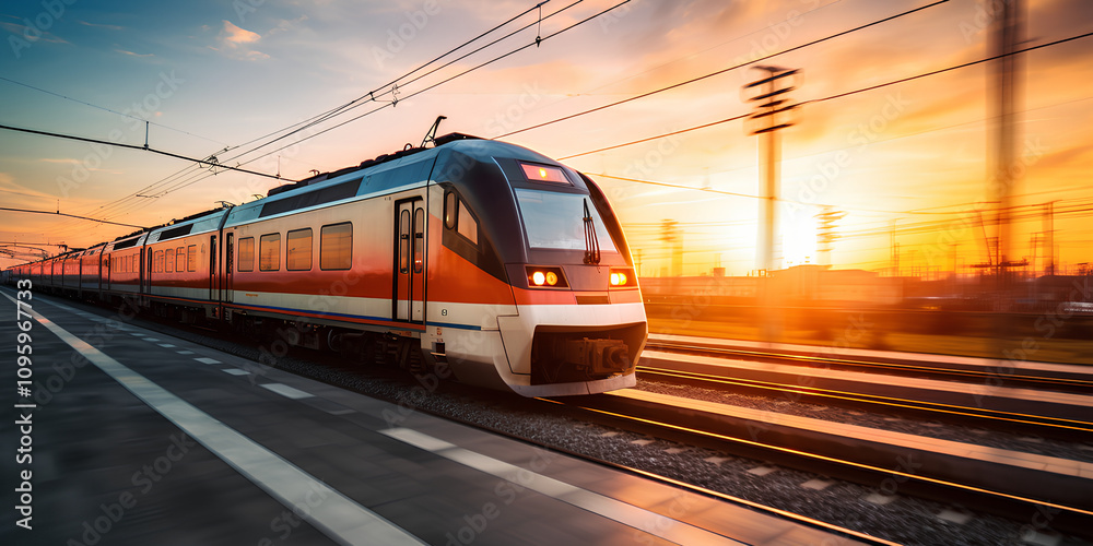Naklejka premium High-Speed Train Journey at Sunset: A Stunning View of Modern Rail Transportation against a Vibrant Sky