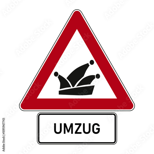 Hinweis auf Faschingsumzug in Form eines deutschen Verkehrszeichens. Vorlage für Steckenmarkierungen.