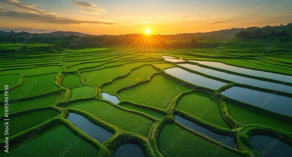 Fototapeta premium Serene Aerial View of Lush Green Rice Terraces at Sunrise with Reflection of Sun in the Water Ponds in the Scenic Countryside Landscape