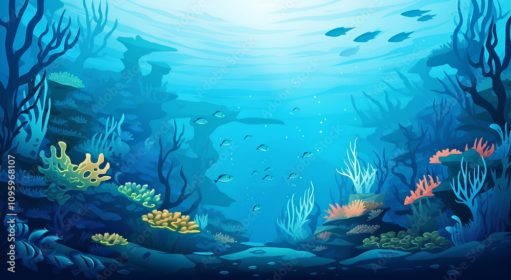 Fototapeta premium Vibrant Underwater Seascape: An Enchanting Illustration of a Coral Reef Ecosystem with Diverse Marine Life, Showcasing the Beauty and Serenity of the Ocean Depths