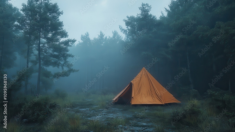 Serene Camping Scene in Misty Forest with Vibrant Orange Tent Surrounded by Lush Greenery and Pine Trees Offering a Tranquil Outdoor Experience Serene Camping Scene in Misty Forest with Vibrant Orange Tent Surrounded by Lush Greenery and Pine Trees Offering a Tranquil Outdoor Experience