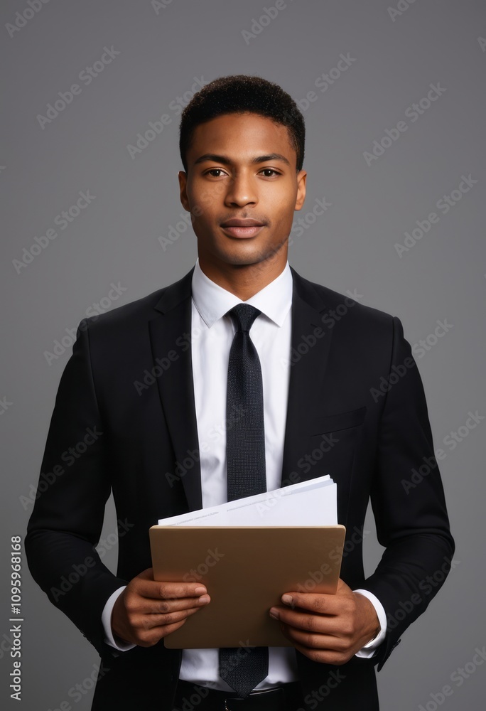 Professional business portrait, young man in a suit, holding documents, confident expression, studio lighting, gray background, formal attire, modern business look
Professional business portrait, young man in a suit, holding documents, confident expression, studio lighting, gray background, formal attire, modern business look