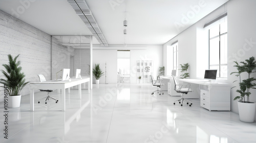Modern Minimalist White Office Interior Design: Sleek Workspace with Bright Lighting and Exposed Brick Accent Wall