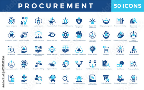 Procurement icons set with supplier compliance, vendor bidding, supplier network, procurement audit, procurement outsourcing, procurement compliance icon. Simple flat vector 
