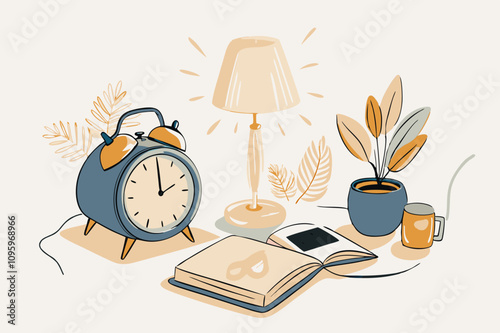 Cozy Evening Essentials with Alarm Clock and Warm Lighting
