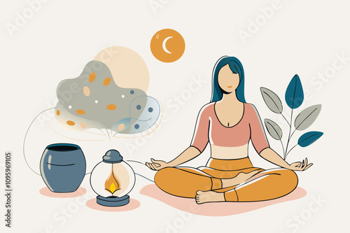 Serene Meditation Scene with Woman and Nature Elements