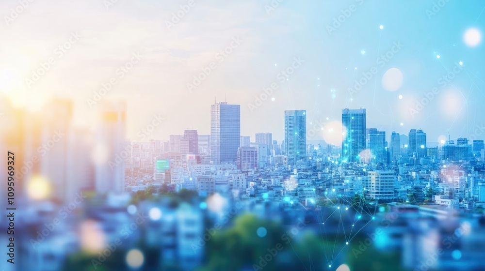 the abstract image of the cityscape image overlay with the futuristic network hologram. the concept of 5G, communication, network, connection, internet of things. the abstract image of the cityscape image overlay with the futuristic network hologram. the concept of 5G, communication, network, connection, internet of things.