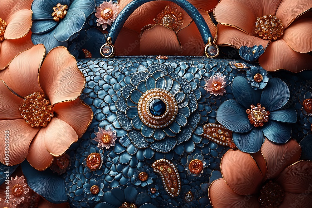 Naklejka premium A blue jeweled handbag adorned with intricate floral designs.