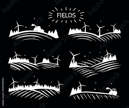 Modern windmills in the fields with tractor vector. collection of sketches of fields with trees and windmills vector in chalk on a black background 