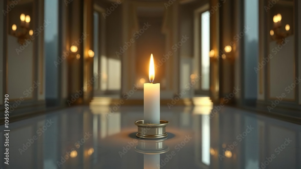 A close-up of a single lit candle in the center of a room with reflective surfaces around it, light, candle, shine A close-up of a single lit candle in the center of a room with reflective surfaces around it, light, candle, shine