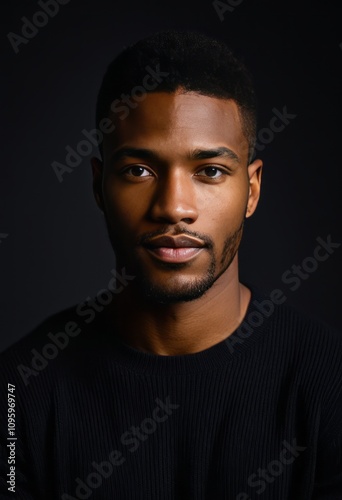 portrait, young man, dark background, dramatic lighting, intense gaze, short hair, textured sweater, artistic photography, high contrast 