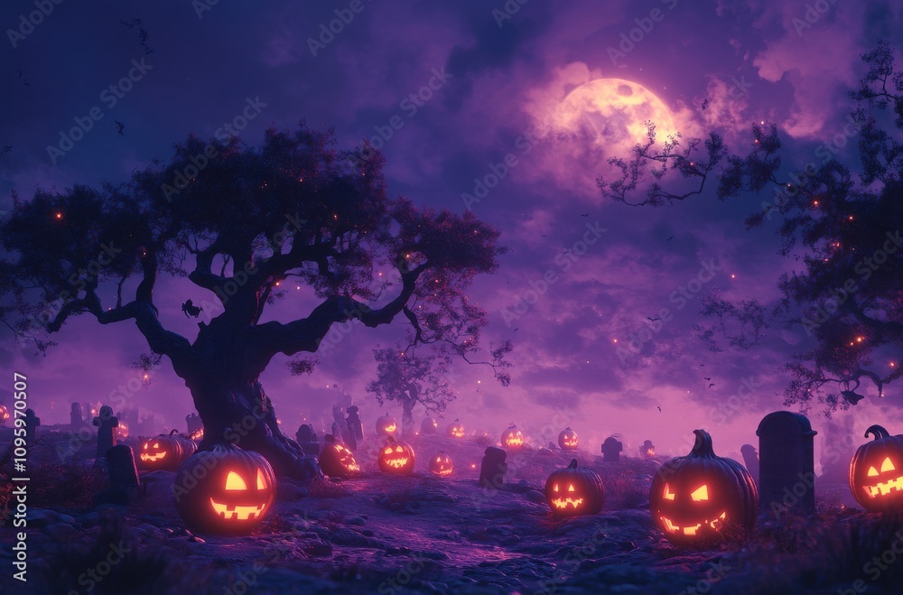 Fototapeta premium Spooky Halloween Night Scene with Glowing Jack-o'-Lanterns, Eerie Fog, and a Majestic Full Moon Illuminating a Graveyard