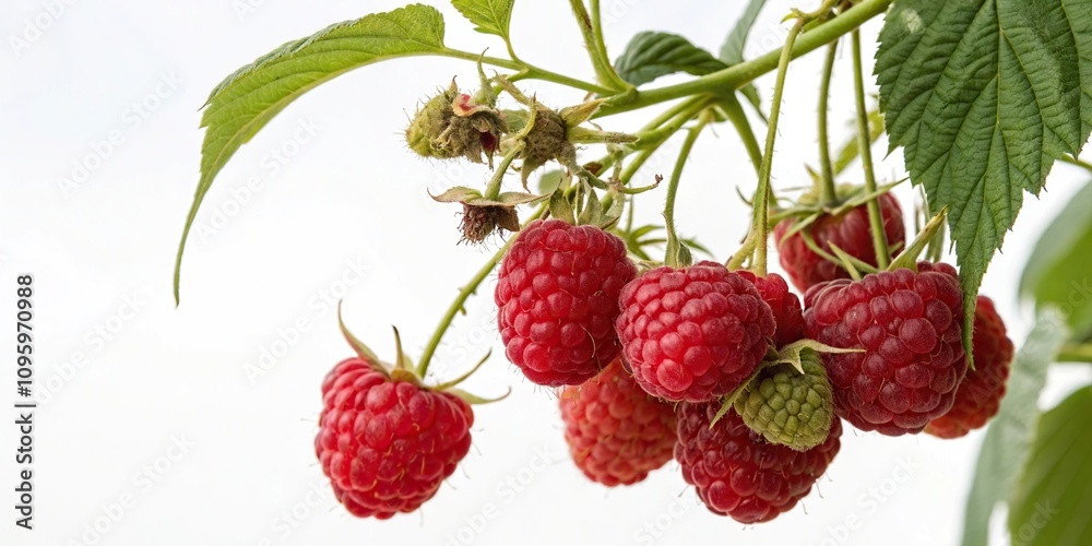 A cluster of ripe raspberries hanging from a stem, fruit cluster, fruiting plants, harvest produce A cluster of ripe raspberries hanging from a stem, fruit cluster, fruiting plants, harvest produce