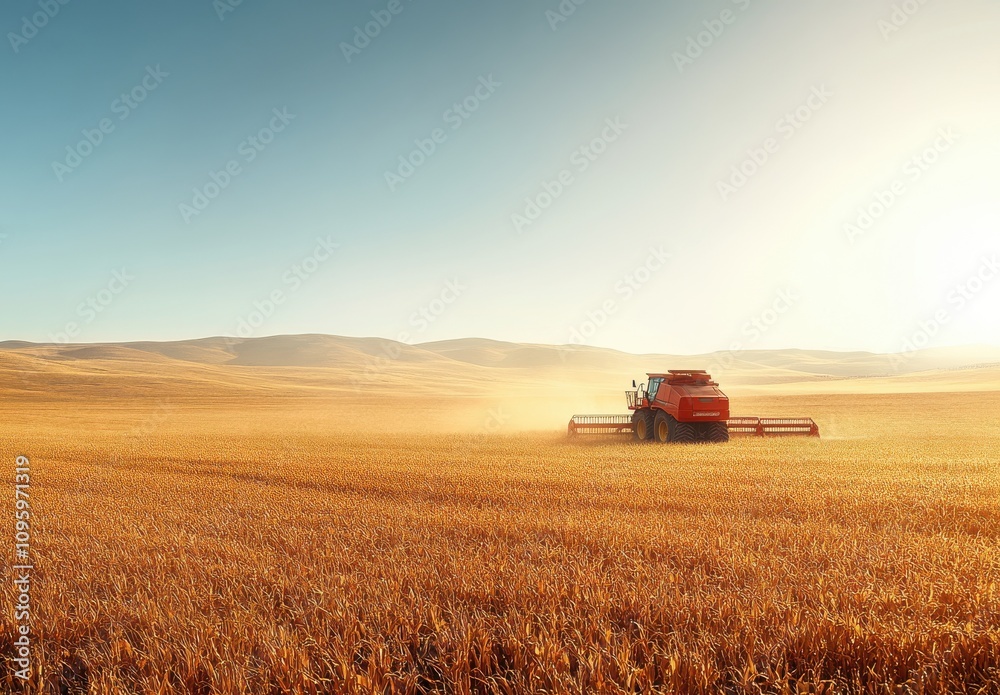 Stunning Sunset Over Golden Wheat Field with Tractor Harvesting Crops in Vast Agricultural Landscape and Blue Sky in Rural Setting Stunning Sunset Over Golden Wheat Field with Tractor Harvesting Crops in Vast Agricultural Landscape and Blue Sky in Rural Setting
