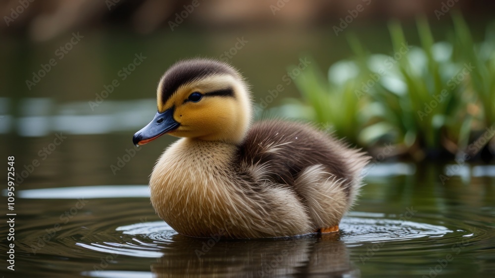 Cute duckling swimming in calm water.