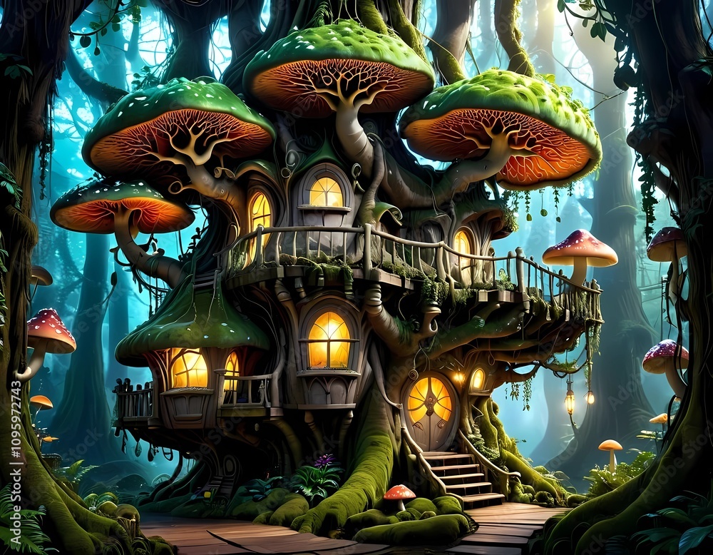 Obraz premium illustration of mystical fantasy tree house in giant tree with amazing composition and dramatic lighting.