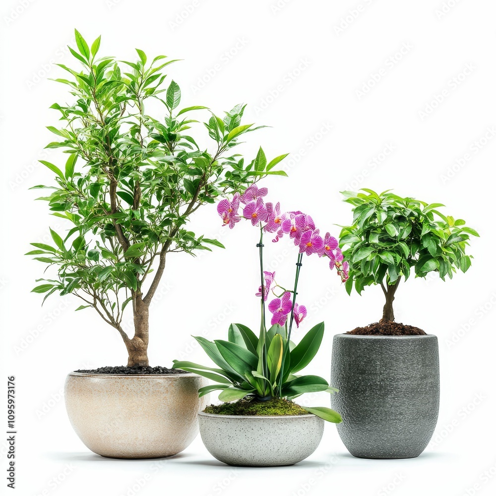 Fototapeta premium Three potted plants; bonsai, orchid, small tree.